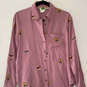 Anthropologie Mauve Pink Emroidered Hot Air Balloon Button Down Shirt Size